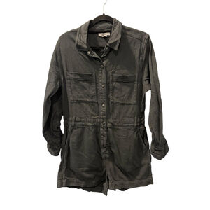 Good American Romper Black Denim Long Sleeve Size 2 Shorts Casual Pockets Snaps